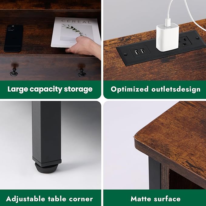 27 Inch LED Nightstand with Charging Station, 2 Drawers, Retro | RGB App Control, 2 AC Outlets & 2 USB Ports, Open Storage, Adjustable Feet, Wood Tall Nightstand for Bedroom or Office