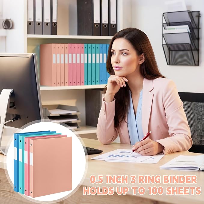 Henoyso 1/2 Inch 3 Ring Colored Binders Soft Flexible, 8.5'' x 11'' Plastic Floppy Binders Bendable with 2 Pockets, Colorful Binder Bulk for School Office Business ，12 Pack (Assorted Vibrant Color)