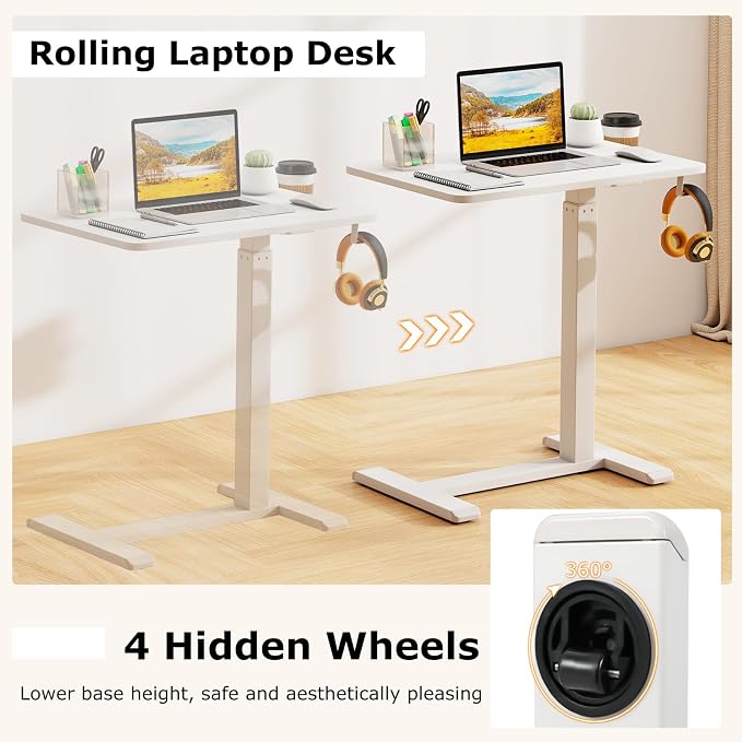 Tangkula Mobile Standing Desk, Pneumatic Height Adjustable Rolling Desk with Cup Holder & Headphone Hook, Overbed Table with Hidden Wheels, Laptop Computer Cart for Couch, Home, Office (White)
