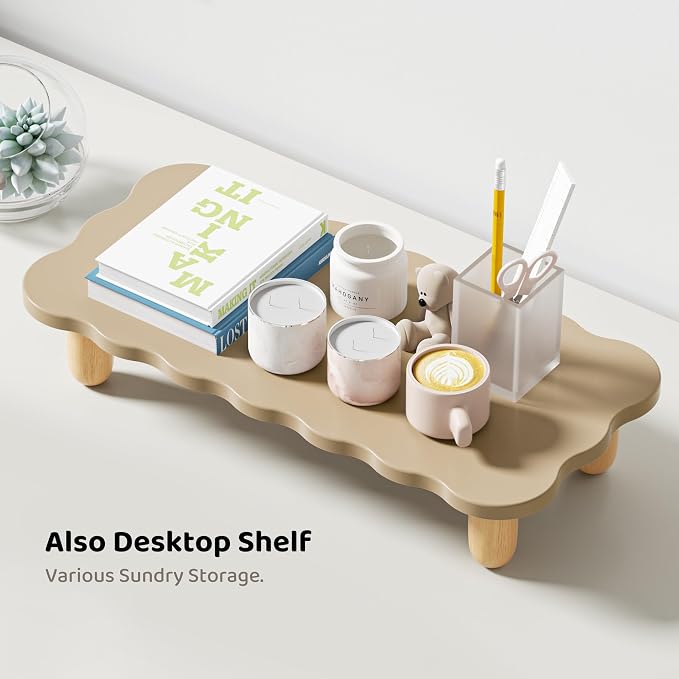 AFOOYO Monitor Stand Riser,Cookie-Shaped Sturdy Wood Computer Monitor Stand, Monitor Stand Riser, Multi-Purpose Desktop Organizer Riser for Computer,Laptop,Printer,TV,khaki