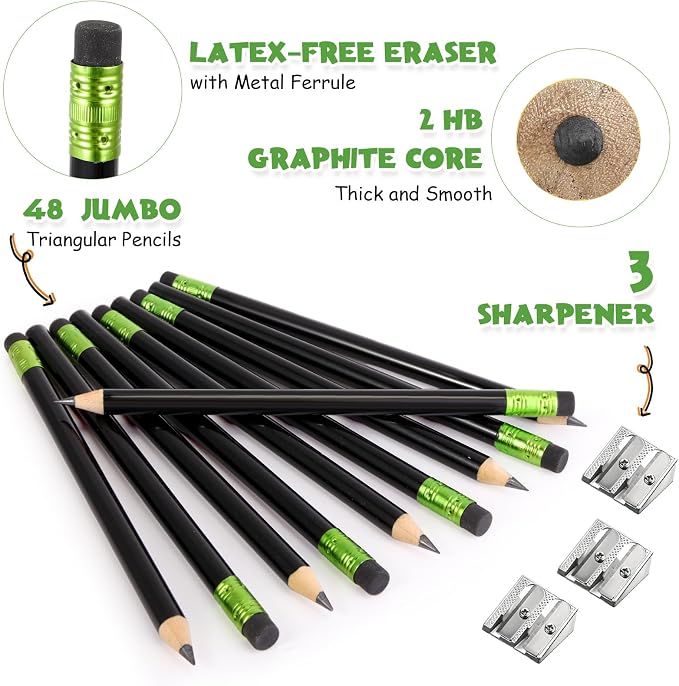 Fainne 48 Pcs Large Pencils 3 Sharpeners,Black,Round