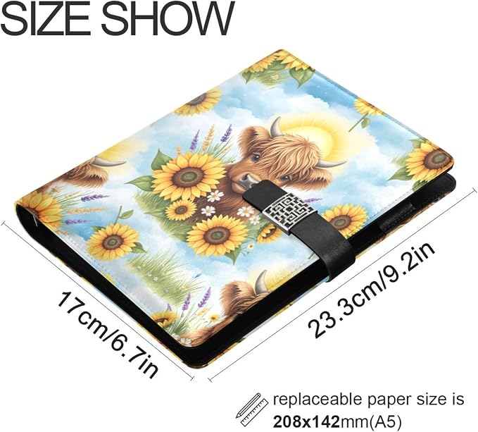 Cute Highland Cow Pattern PU Leather Notebook A5 Binder 6 Ring Refillable Journal with Magnetic Buckle Closure Loose Leaf Travel Office Planner Budget Binder Notepad Portfolio,