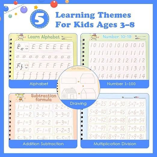 Magic Grooved Writing Practice for Kids Ages 3-8|Reusable Tracing Workbook|Magic Copybook Set with Disappearing Ink Pens for Preschool Learning