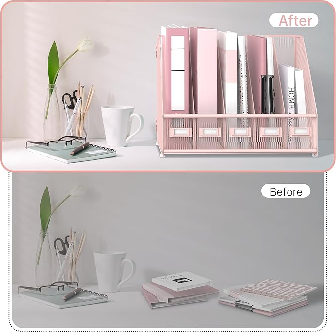 Desk Organizers Metal Desk Magazine File Holder with 5 Vertical Compartments Rack File Organizer for Office Desktop, Classroom, Home Workspace, Pink Plus