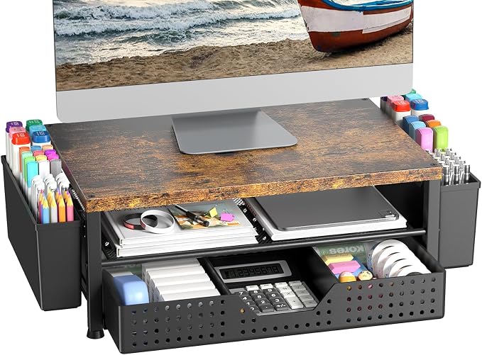 Monitor Riser, Laptop Stand for Desk, Office Desk Organizer and Accessories, Computer Monitor Stand, Desktop Shelf with Drawer and Pen Holder, Printer Stand for Home, Office, Dorm (Brown)
