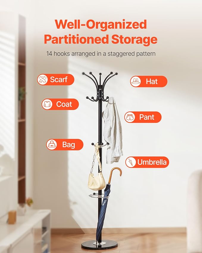 VEVOR Freestanding Coat Rack, Metal Coats Rack Stand with Umbrella Holder, Stable Marble Base & 14 Hooks, Hall Coat Tree for Entryway, Bedroom, Living Room, Stylish Coats Hanger for Hats, Scarves, Bag