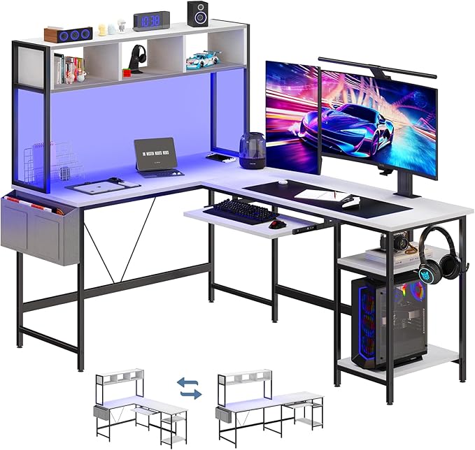 DUMOS 67" L Shaped Gaming Desk, Reversible Computer Desks with LED Lighting | Corner Desk for Compact Spaces, Keyboard Tray & Storage Shelf, Home Office, White