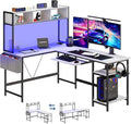DUMOS 67" L Shaped Gaming Desk, Corner Desks for Compact Spaces with Keyboard Tray & Storage Shelf,Reversible Computer Desk with LED Lighting,Metal Frame PC Gaming Table for Home Office, White
