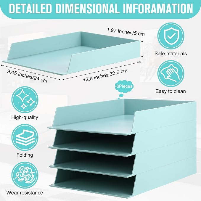 Tatuo 6 Pack Stackable Paper Trays Plastic Letter Tray Desk Organizer Paper Holder Organizer Storage Office Desk Accessories for Classroom Magazine File Documents 12.8 x 9.45 x 1.97, Blue Green