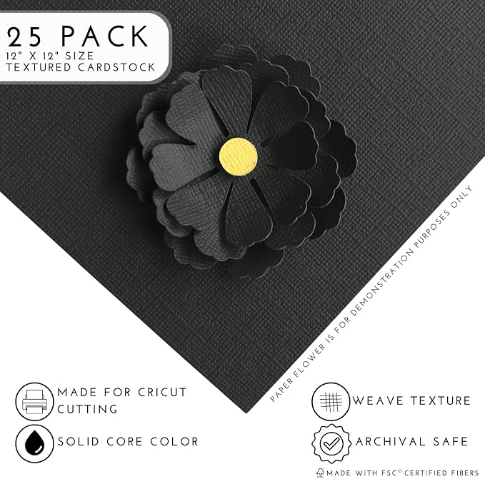Jet Black —12x12 Textured Cardstock | 80lb Textured Black Scrapbook Paper | Premium Cardstock for Cricut Cutting | 25 Sheets