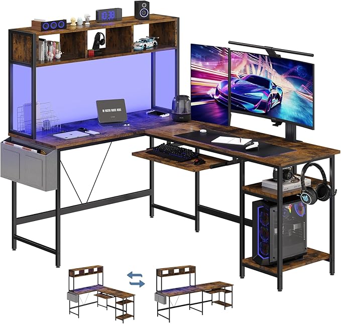 DUMOS 67" L Shaped Gaming Desk, Reversible Computer Desks with LED Lighting | Corner Desk for Compact Spaces, Keyboard Tray & Storage Shelf, Home Office, Rustic Brown