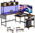 DUMOS 67" L Shaped Gaming Desk, Reversible Computer Desks with LED Lighting | Corner Desk for Compact Spaces, Keyboard Tray & Storage Shelf, Home Office, Rustic Brown