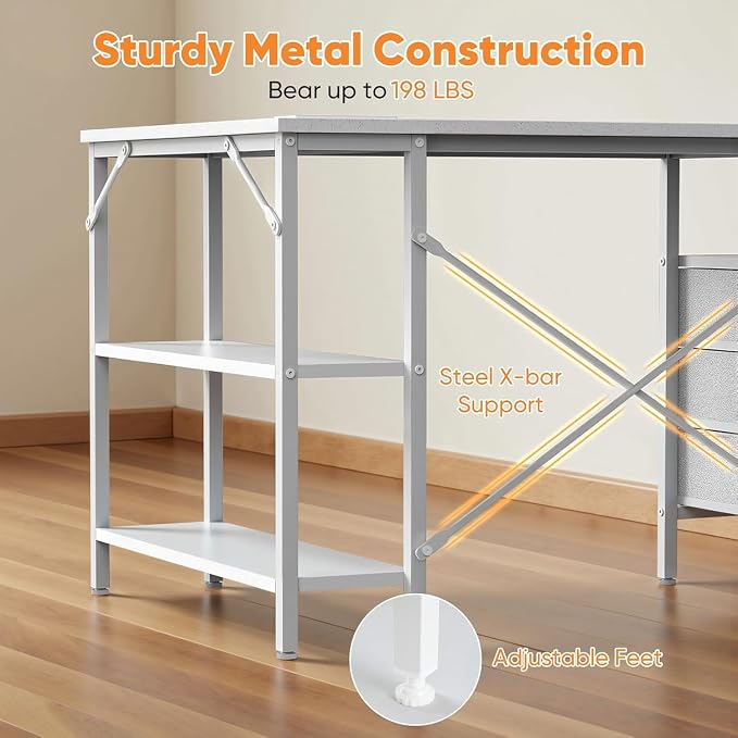 Alpen L Shaped Computer Desk, 55 Inch Corner Desk with Drawers and Power Outlets, Home Office Desk for Gaming, Study Writing PC Table with Storage and Reversible Shelf, White