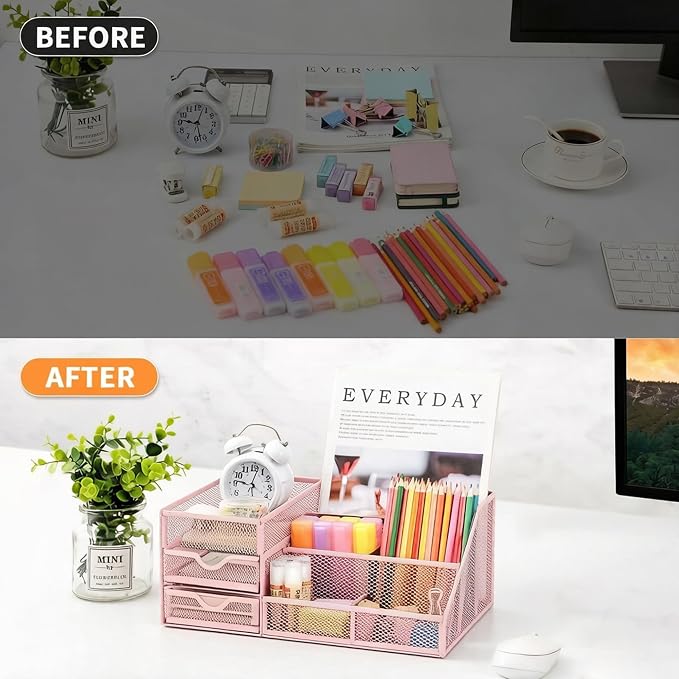 Lavatino Mesh Desk Organizer with 6 Compartments & 2 Drawers, Larger Multi-functional Desktop and Workspace Accessories Organizer for Office, Classroom, Dorm Supplies (Pink)