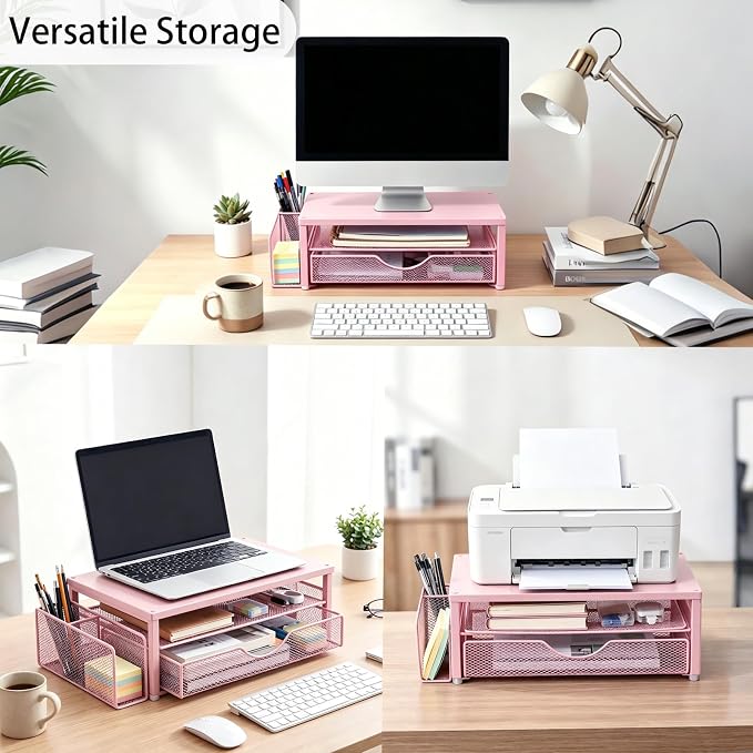 Spacrea Desk Organizer and Accessories, Computer Monitor Stand Riser with Drawer and 1 Open Pen Holder, Printer & Laptop Stand, Office Desk Accessories for Home Office Supplies (Pink)