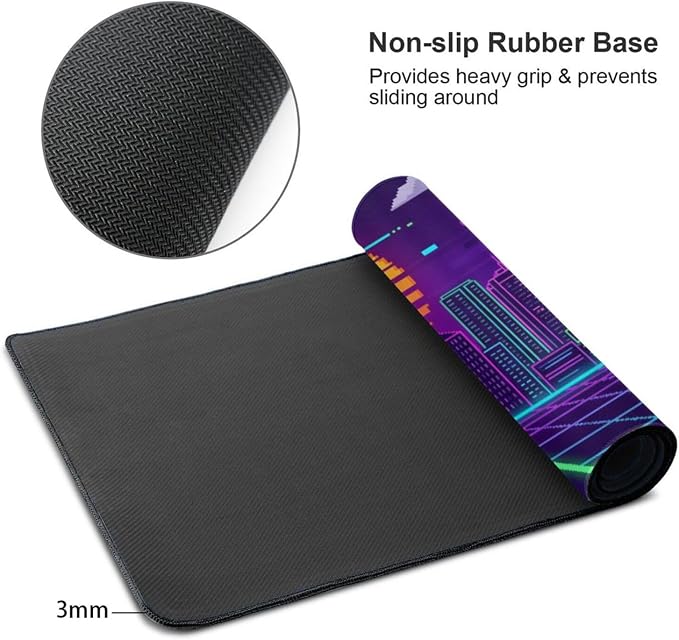 XXL Extended Gaming Mouse Pad, Cyberpunk Neon Synthwave Desk Mat Pixel | Retro Pixel Art Sunset Design with Stitched Edges & Non-Slip Rubber Base, Large Keyboard Mat for Gaming PC, Office Setup