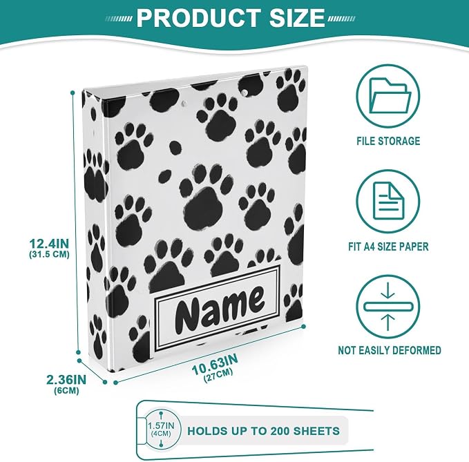 Custom 3 Ring Binder Black Paws Print 1.5" Round Ring Binders Personalized Name View Binder with 200 Sheet for Kids School Supplies Women Men Office, 1 Pack
