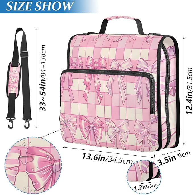 3 Ring Zipper Binder with Shoulder Strap Bow Tie Pink Buffalo Plaid 1.5 inch Binders Keeper Large Capacity Multi Pockets for School Office Supplies