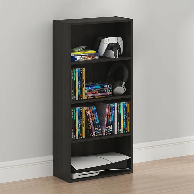 Furinno Basic DVD Shelf, 4-Tier CD Rack, Media Shelf, Espresso | 7 x 17 x 35, Open Shelf for DVD Blueray Game Disc, Storage Cabinets, for Living Room, Bedroom, Home Office