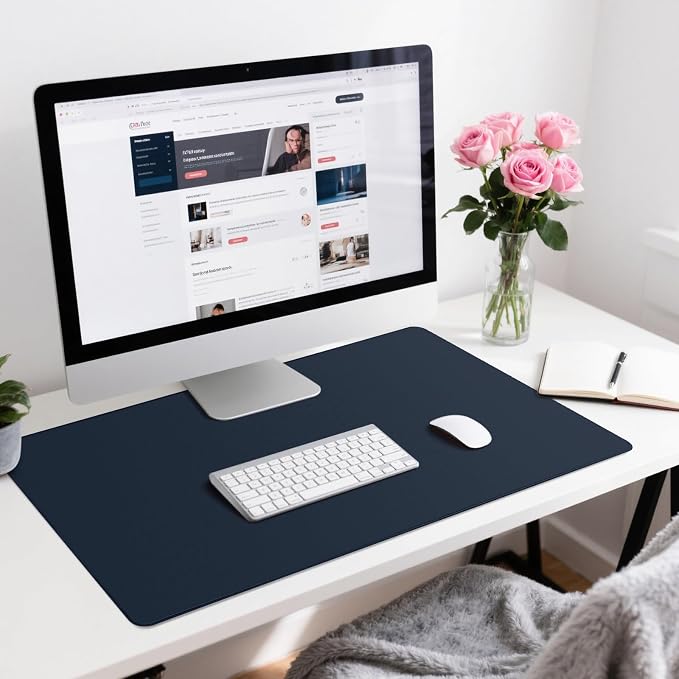 Leather Desk Pad Protector, Office Desk Mat, Large Mouse Pad, Non-Slip PU Leather Desk Blotter, Waterproof Computer Desk Writing Pad for Office and Home (Dark Blue, 23.6" x 13.7")