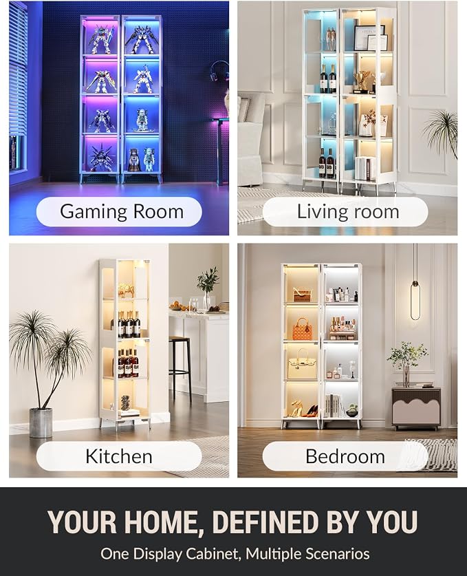 Glass Display Cabinet, 4-Tier Curio Cabinet, Adjustable Shelves, 60,000 Color Lights for Collectibles, Storage Cabinet with Door, Glass Display Case & Bookcase, App & Remote Control, White