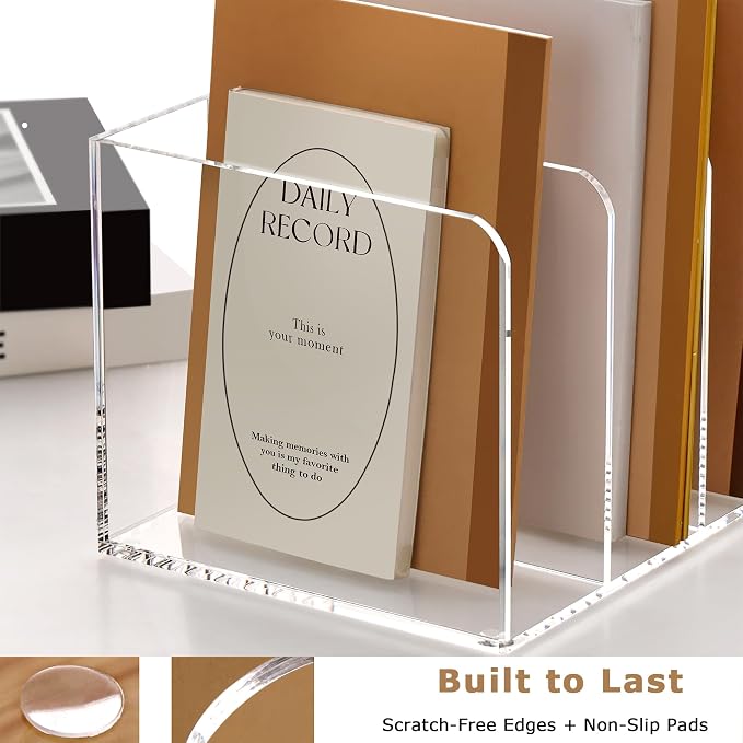 YUXUN Clear Acrylic Magazine File Holder, 4 Compartment Desk Organizer | Desk Organizer for Documents, Tablets, Magazines, Books & Accessories, Ideal for Office, Home & Classroom