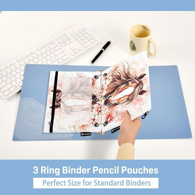 Brown Horse Watercolor Flower Pencil Pouch for 3 Ring Binder, 2 Pack Waterproof Pencil Bags Clear Window Pencil Case Zipper School Office Supplies