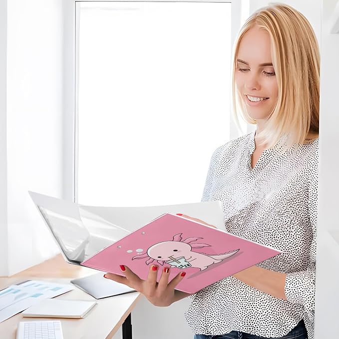 Funny Animal Cute Pink Axolotl Binder 3 Ring 1.5 Inch Binder with Clipboard&Pockets, Hardcover Binders Heavy Duty Large File Folder for Office School Supplies - Holds 200 Sheets, 2 PC