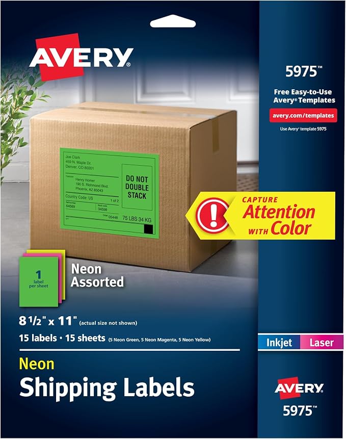 Avery Neon Shipping Labels, Laser Printable, Assorted: Green, Pink, Yellow Labels, 15 Total (5975) (Pack of 5)