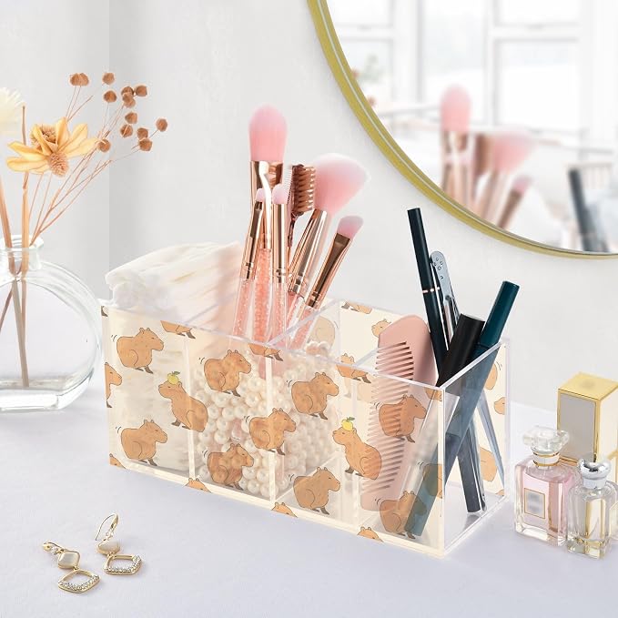 Cartoon Capybara Acrylic Printed Pen Holder 4 Compartments, Acrylic Plastic Pen Holder Cosmetic Brush Holder Desk Pen Holder Marker Organizer Square Acrylic Pen Holder 4 Compartments