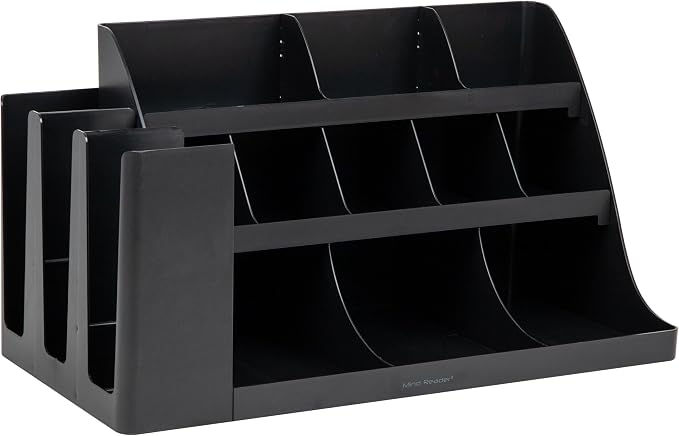 Mind Reader Large Cup and Condiment Station, 14-Compartment Countertop Coffee Organizer for Cups, Lids, Condiments and Supplies, Black