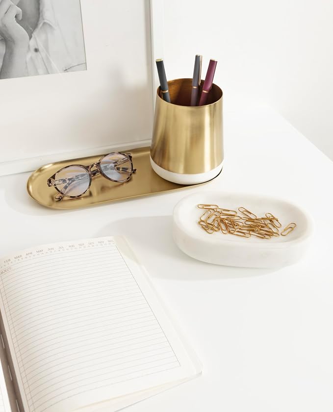 Kate and Laurel Koni Modern Glam Three-Piece Tabletop Organization Set; 12 x 6 x 5; White Marble and Gold; Marble and Metal Organizational Set for Office or Entryway Decor