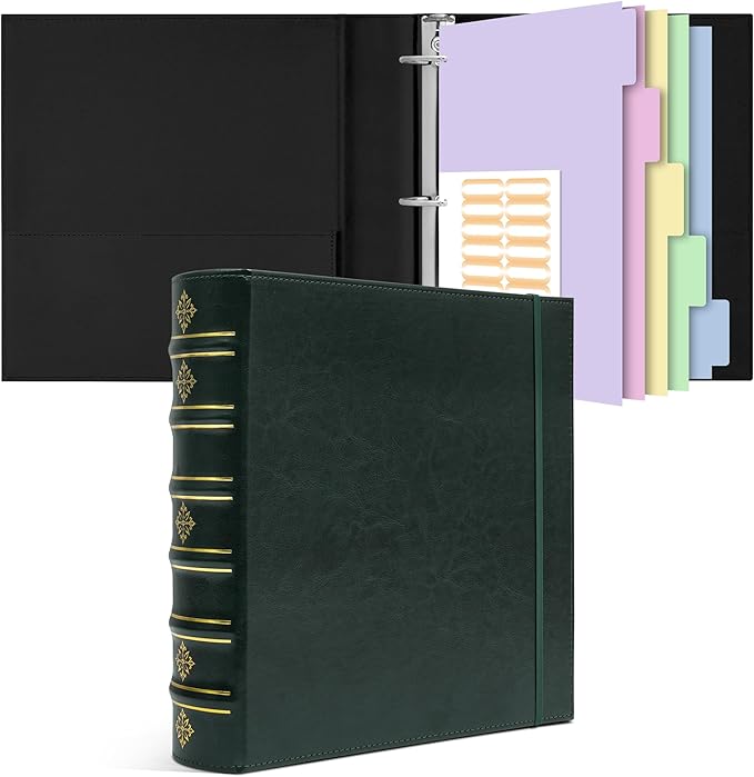 Ospelelf Vintage 3 Ring Binder 2 Inch, Leather D Ring Binder with Pockets and 5 Tab Dividers, Hardback Book Style Document Organizer Fits Letter Size for Home and Office Green