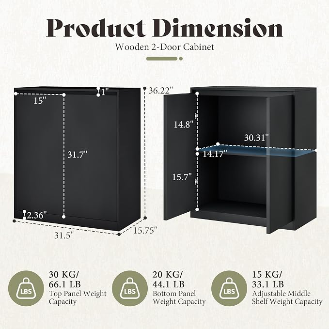AMERLIFE Storage Cabinet with 2 Doors, 32 x 16 x 36 Inch | Modern Storage Case and Display Shelf for Collectibles, Black