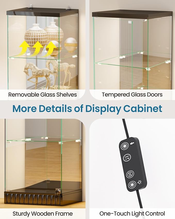 Lvifur 67''H Lockable Display Cabinet with Glass Doors & RGB Lights,Black | 5-Tier Glass Curio Display Cabinets with Motion Sensor Lights,China Cabinet with Removable Shelves,Lighted Showcase