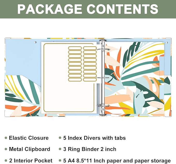Rouidr 3 Ring Binder, 2 Inch Round Ring Binder Organizer with Clipboard, 5 Dividers Tabs, A4 8.5 x 11 Inch Paper & Clear Sleeves for School, Office Supplies, Colorful Leaves