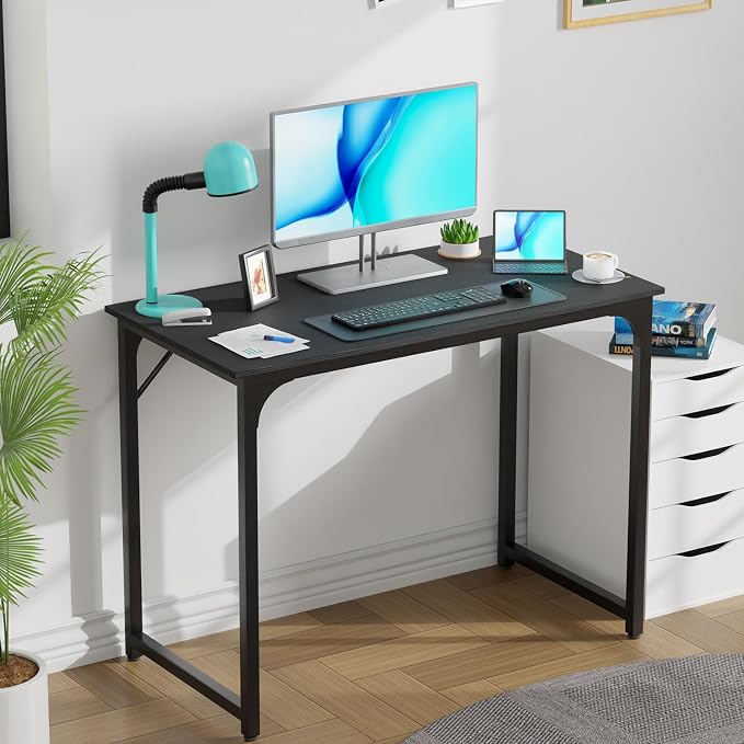 PayLessHere | 39 Inch Computer Desk | Black | Sturdy Office Desk | Metal Frame, Adjustable Feet | Water-Resistant, Scratchproof Surface | Writing Table for Home Office or Study | Pack of 1