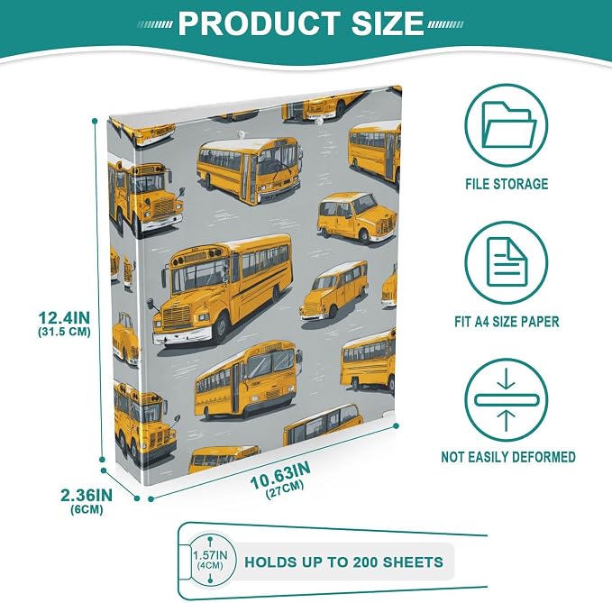 Caikeny 3 Ring Binder Cartoon Yellow School Buses 1.5 Inch Binders Round Ring Clipboard with 2 Pockets for Office Supplies