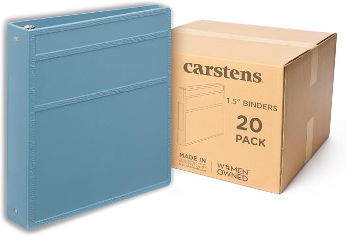 Carstens 1.5-Inch Heavy Duty 3-Ring Binder - Side Opening, Powder Blue, Durable Plastic, No-Gap Rings, Waterproof Cover, No Pockets, Holds 250 Letter Sheets, BPA-Free, Made in USA (2022-3R) Case of 20