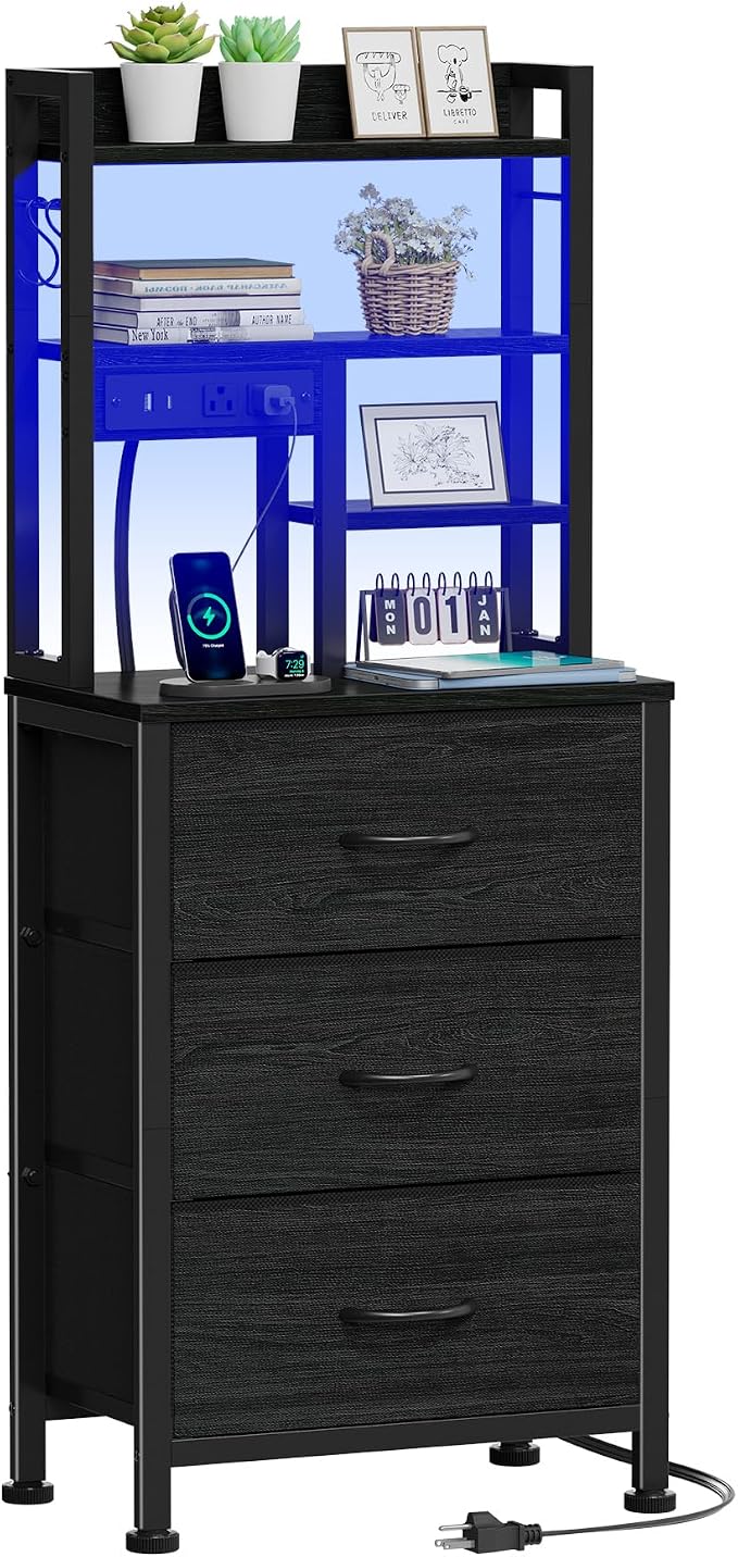 Black Nightstand with Bookshelf, Tall Bedside Table & Night Stand | 3 Fabric Drawers & LED Lights, 45.3" Bed Side & End table with Charging Station in Bedroom, Dorm, Metal Frame, Wood Shelves