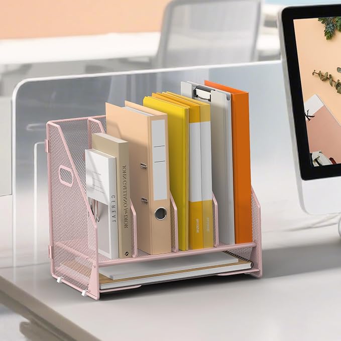 4 Vertical Mesh Desk Organizer with Paper Letter Tray, Pink | Sorting racks with lower letter tray section. Multipurpose mesh desktop space saver for home office and school