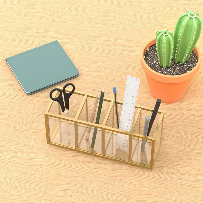 NIUBEE Gold Acrylic Pen Holder 4 Compartments, Desk Office Pencil Cup Desk | Scratch-resistant thick acrylic with 4 slots for pens, pencils, makeup brushes, office, vanity and school use