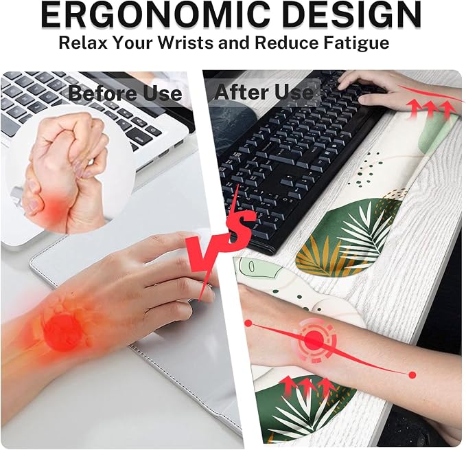 Keyboard Mouse Pad Set, 4 in 1 Desk Mat Set, Boho Green | Leaves Large Mousepad+Keyboard Wrist Rest+Mouse Wrist Rest+Coaster Ergonomic Design for Home Office Computer