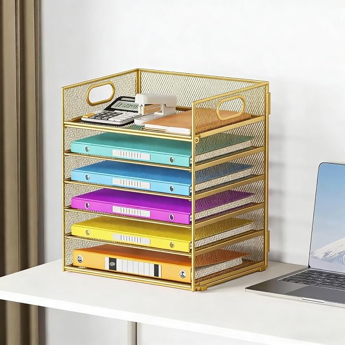6 Tiers Letter Tray Paper Organizer with Handle, Mesh Desk File Organizer, Metal Desktop Document Shelf Organization, Paper Sorter Organizer for Office, Home or School File Folder Holder (Gold)