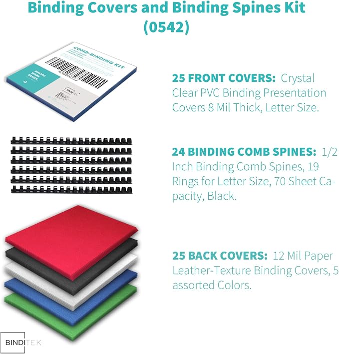 Binditek Binding Covers and Combs Kit, 8.5 x 11 Inches, 74 Pack | Binding Covers and Comb Spines Set: 25 8Mil Clear PVC Covers, 25 Color Paper Covers and 24 1/2 in Combs for Reports