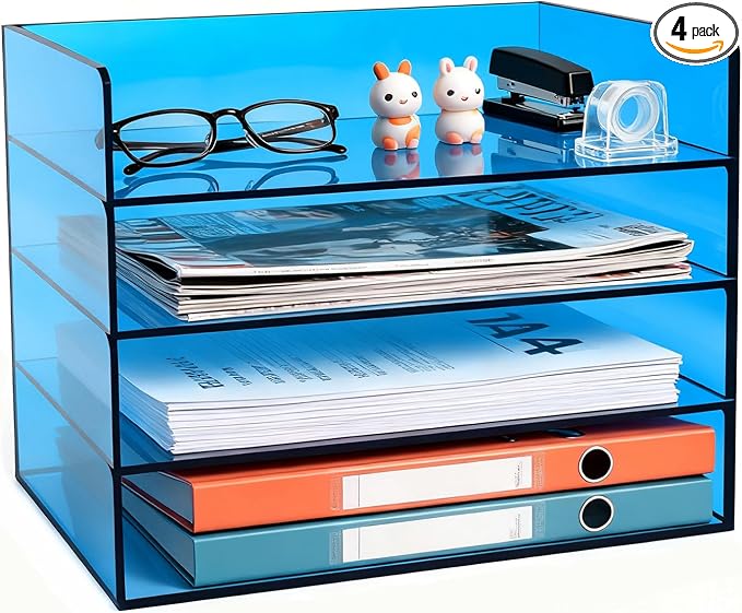 Gelite Acrylic File Organizer for Desk 4 Tiered Stackable Letter Tray Office Paper Storage Desktop Document Sorter, Blue
