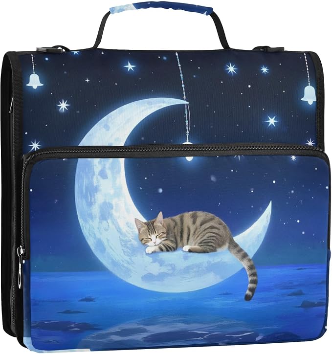 Cat Wind Chimes Moon 3 Ring Zipper Binder Bag Binder Organizer with Handle Shoulder Strap for School Work Office Supplies