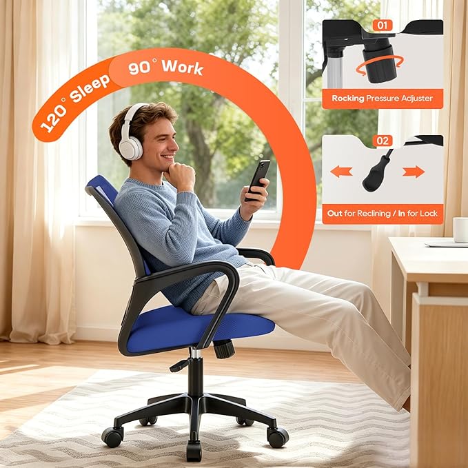 BestOffice Ergonomic Office Chair | Mid-Back Swivel Desk Chair | Blue | with Lumbar Support, Adjustable Height & Breathable Backrest | Sponge Seat & Rolling Wheels | for Home, Office | Pack of 1