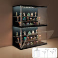 2PCS Clear Display Case for Collectibles, 3-Tier Adjustable Display Case with Led Light,Stackable Storage Bins with Magnetic Door for Jewelry (Black)