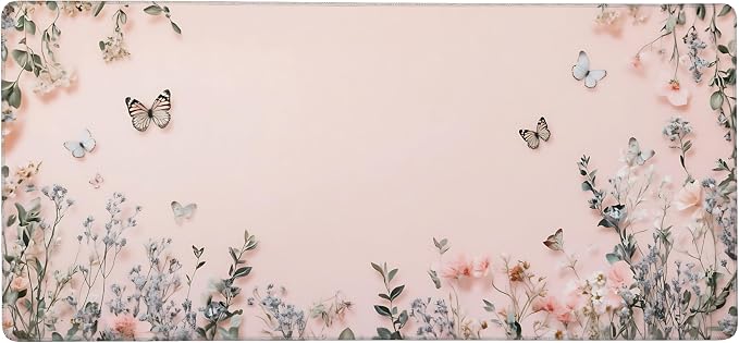 Cute Floral Aesthetic Wildflower Large Mouse Pad, Pink Macaron Desk Mat with Anti-Slip Base & Stitched Edges, Computer Keyboard & Laptop Pad, 35.4" x 15.7" in in Workstation Accessories